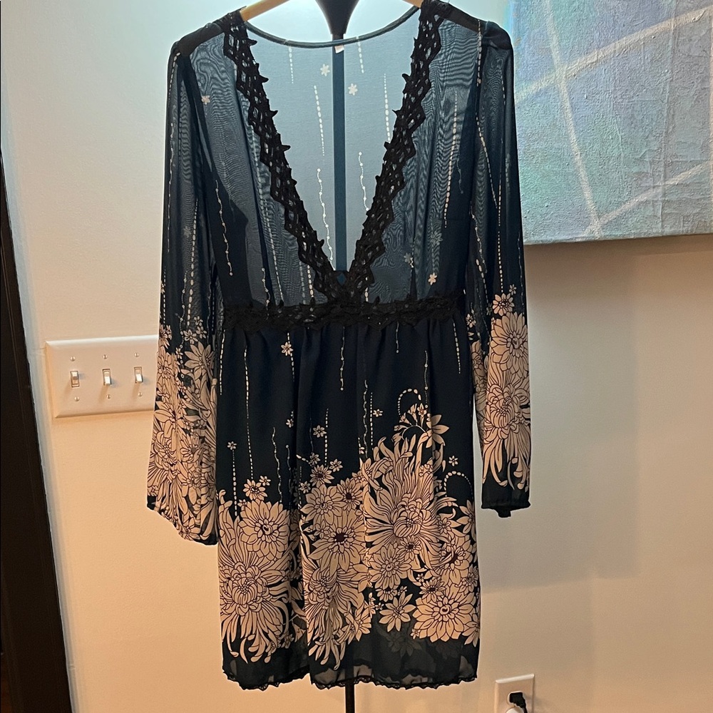 Floral Sheer Dress with Lace Trim